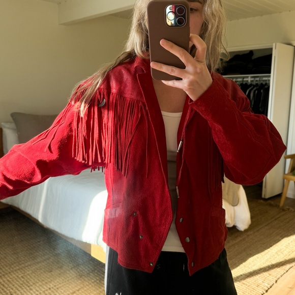 Vintage suede red fringe jacket - Picture 3 of 5
